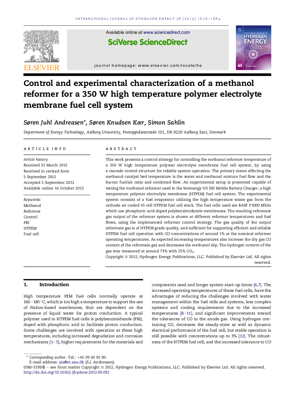 Control and experimental characterization of a methanol reformer for a 350 W high temperature polymer electrolyte membrane fuel cell system