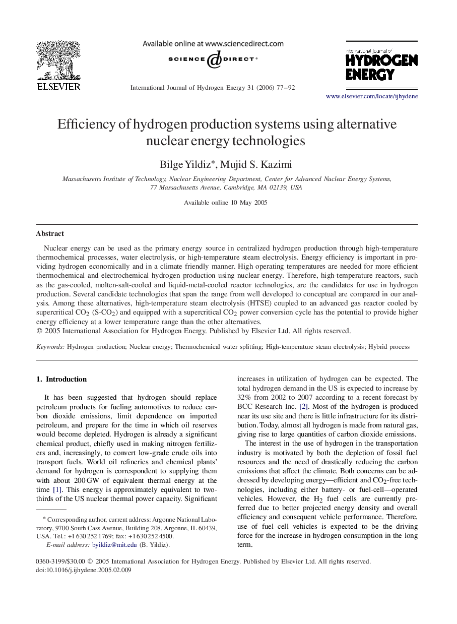 Efficiency of hydrogen production systems using alternative nuclear energy technologies