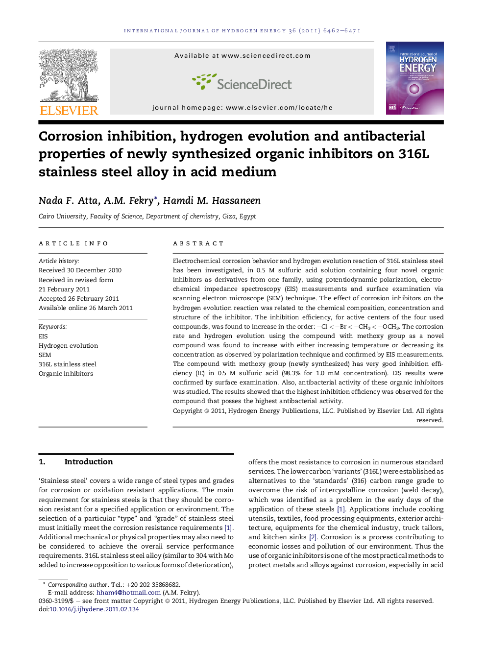 Corrosion inhibition, hydrogen evolution and antibacterial properties of newly synthesized organic inhibitors on 316L stainless steel alloy in acid medium