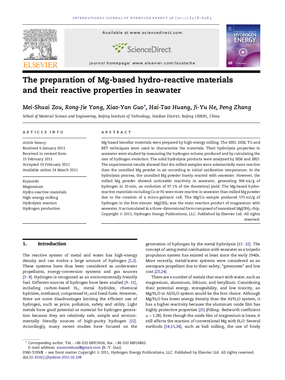 The preparation of Mg-based hydro-reactive materials and their reactive properties in seawater