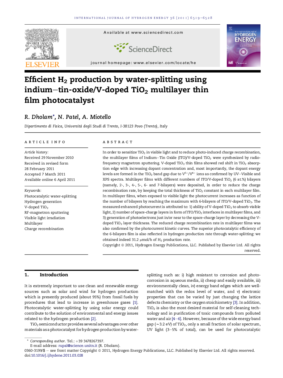 Efficient H2 production by water-splitting using indium–tin-oxide/V-doped TiO2 multilayer thin film photocatalyst