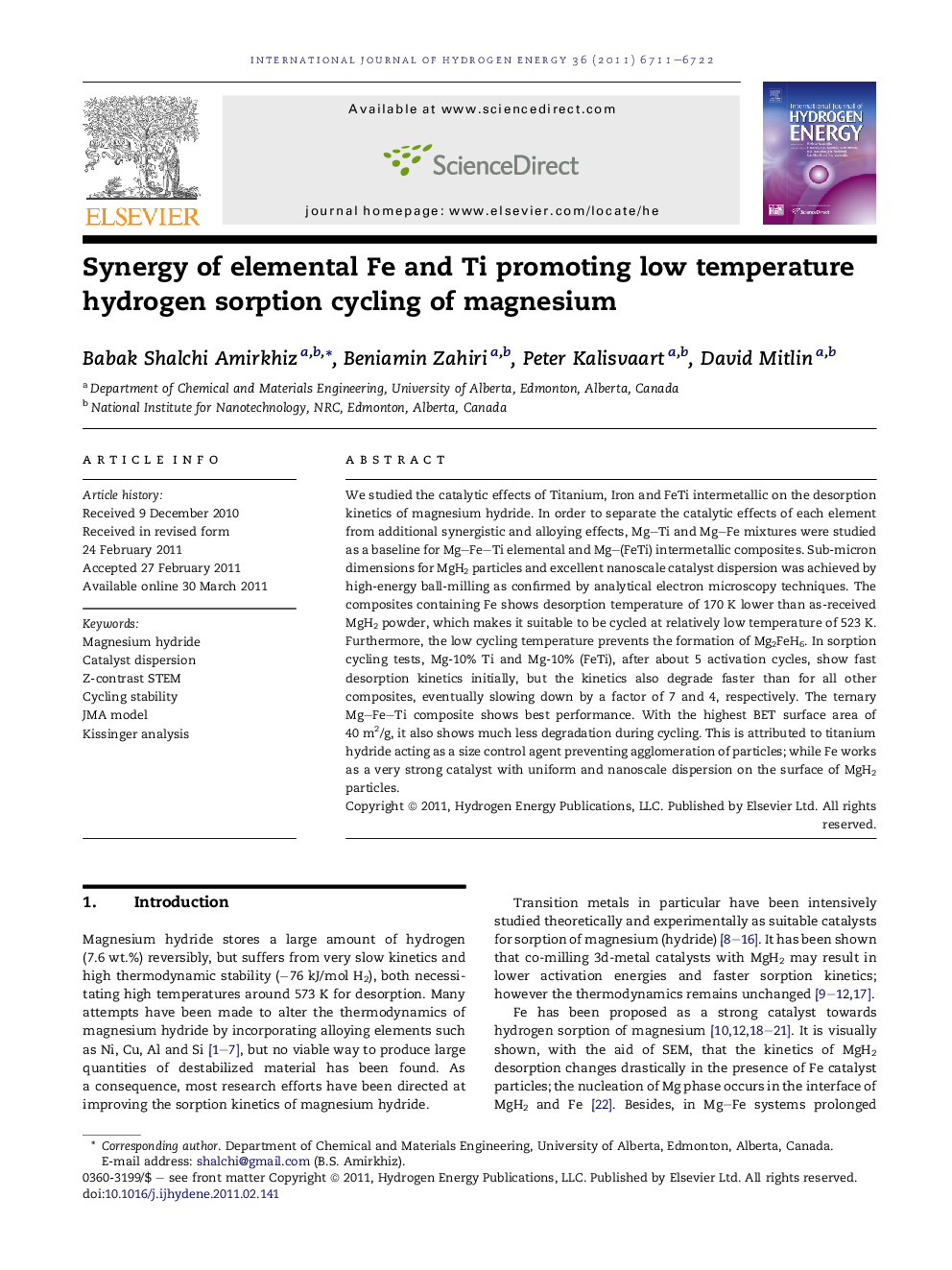 Synergy of elemental Fe and Ti promoting low temperature hydrogen sorption cycling of magnesium