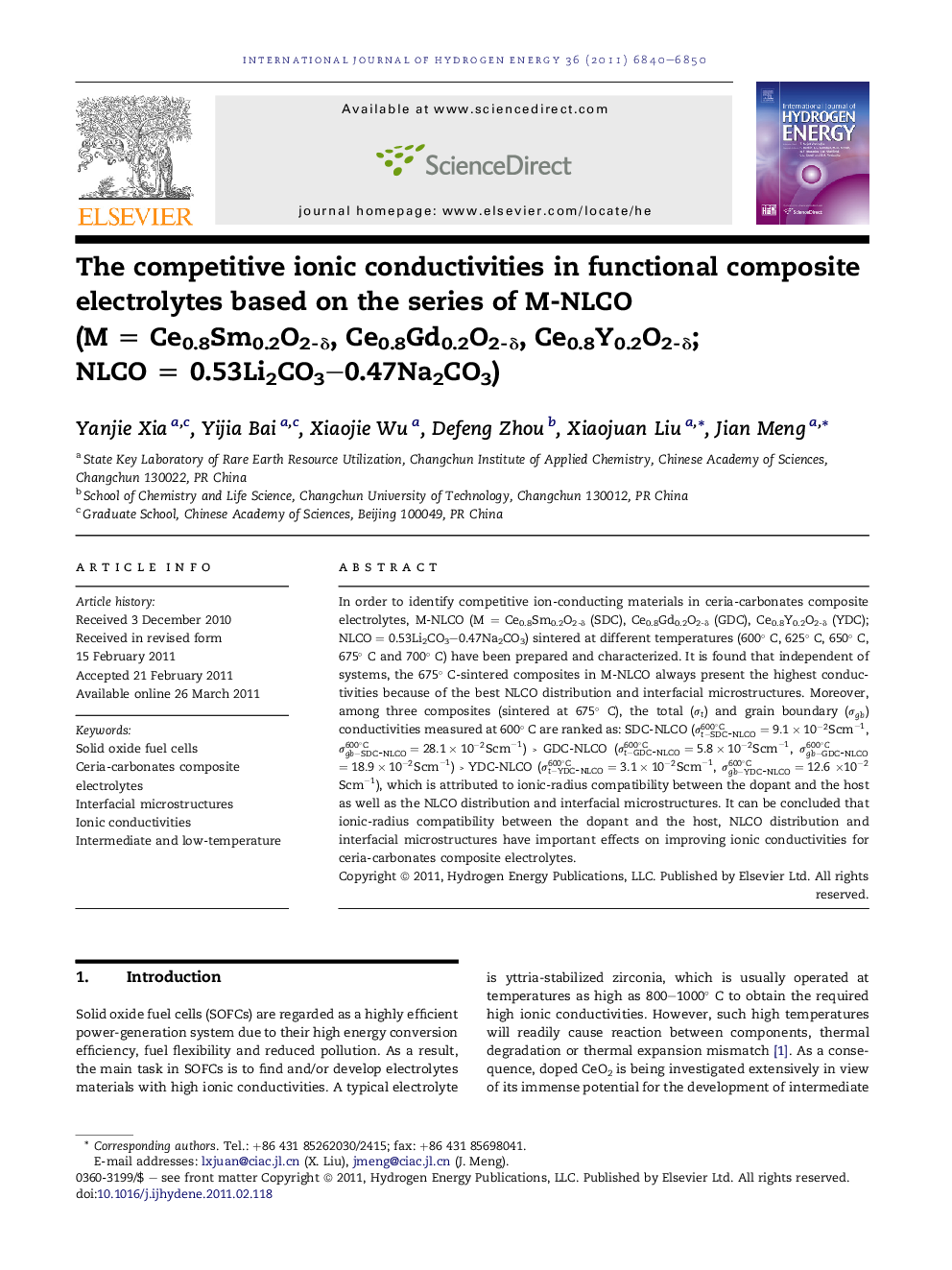 The competitive ionic conductivities in functional composite electrolytes based on the series of M-NLCO (M = Ce0.8Sm0.2O2-δ, Ce0.8Gd0.2O2-δ, Ce0.8Y0.2O2-δ; NLCO = 0.53Li2CO3–0.47Na2CO3)