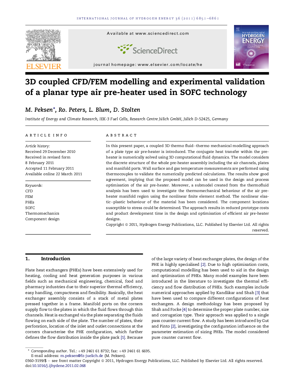 3D coupled CFD/FEM modelling and experimental validation of a planar type air pre-heater used in SOFC technology