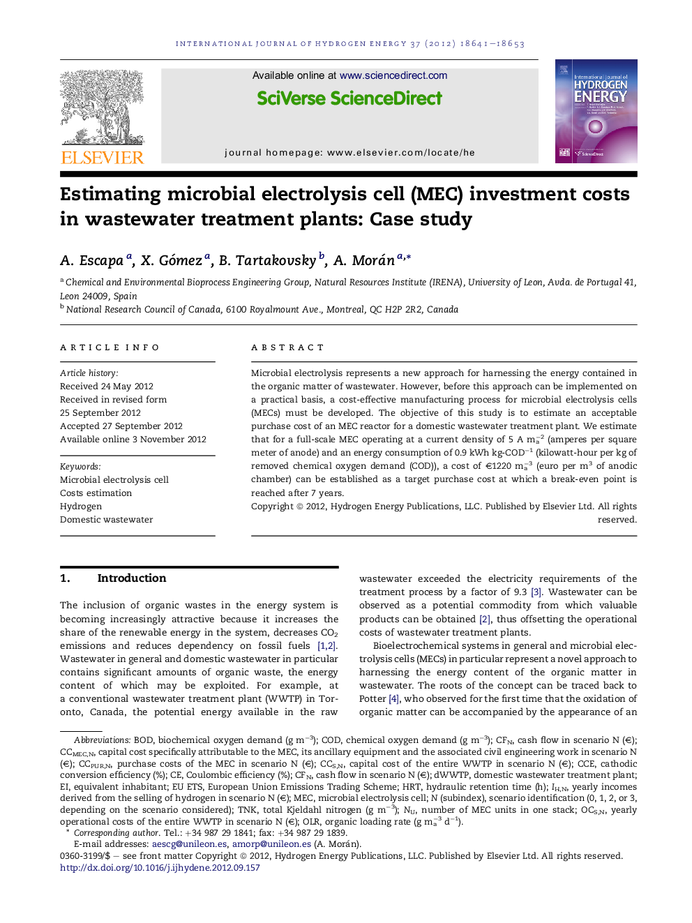 Estimating microbial electrolysis cell (MEC) investment costs in wastewater treatment plants: Case study