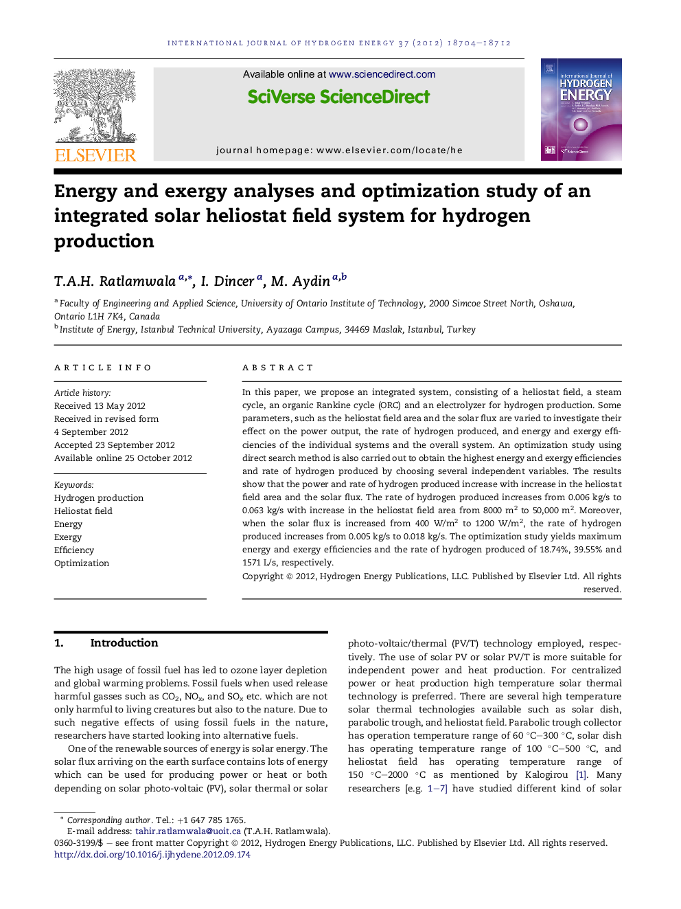 Energy and exergy analyses and optimization study of an integrated solar heliostat field system for hydrogen production