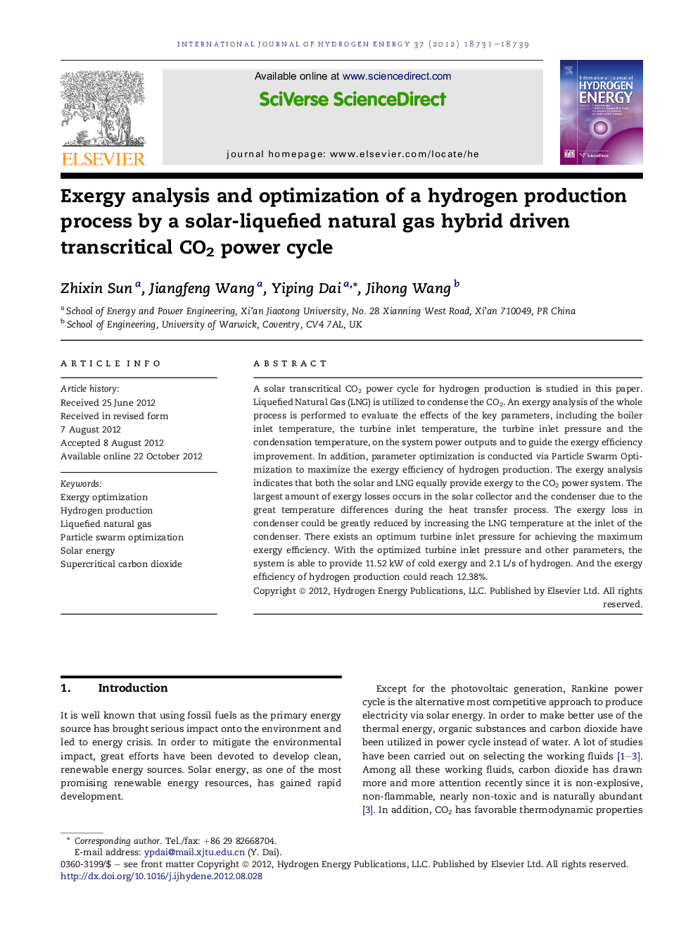 Exergy analysis and optimization of a hydrogen production process by a solar-liquefied natural gas hybrid driven transcritical CO2 power cycle