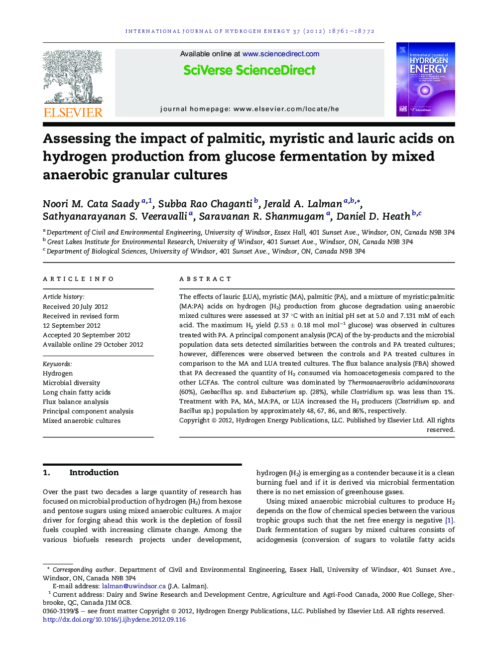 Assessing the impact of palmitic, myristic and lauric acids on hydrogen production from glucose fermentation by mixed anaerobic granular cultures