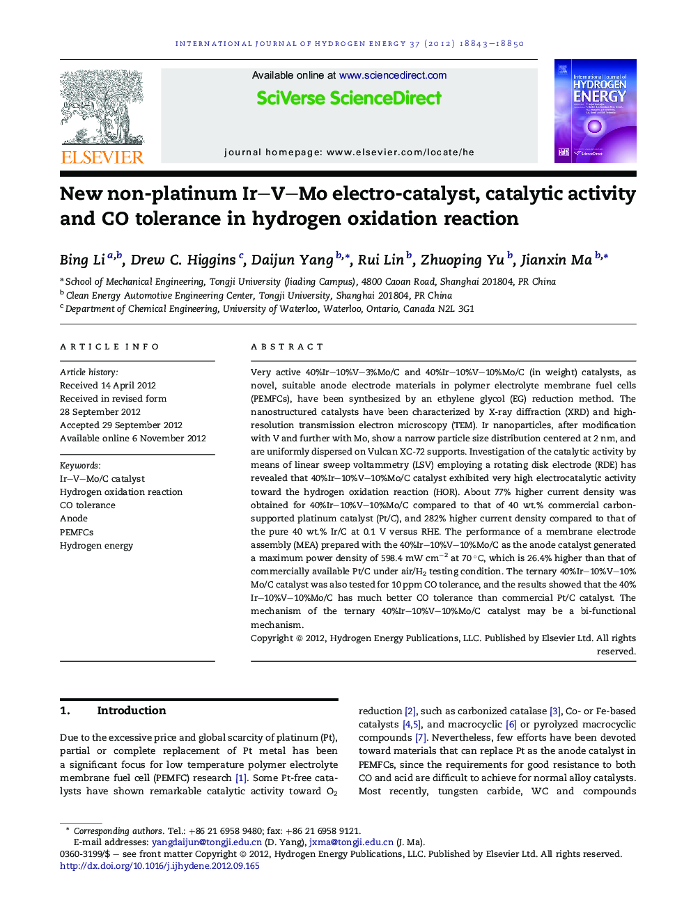 New non-platinum Ir–V–Mo electro-catalyst, catalytic activity and CO tolerance in hydrogen oxidation reaction