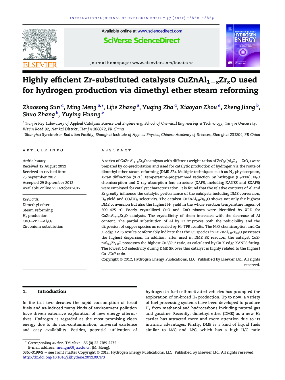 Highly efficient Zr-substituted catalysts CuZnAl1−xZrxO used for hydrogen production via dimethyl ether steam reforming