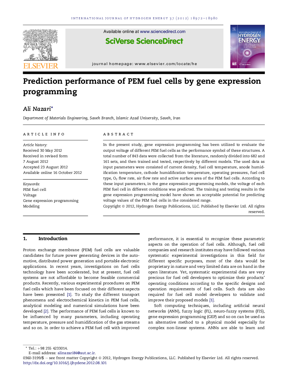 Prediction performance of PEM fuel cells by gene expression programming