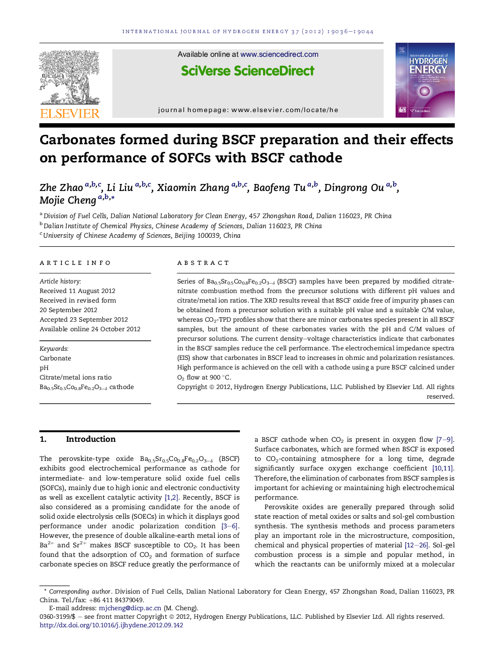 Carbonates formed during BSCF preparation and their effects on performance of SOFCs with BSCF cathode