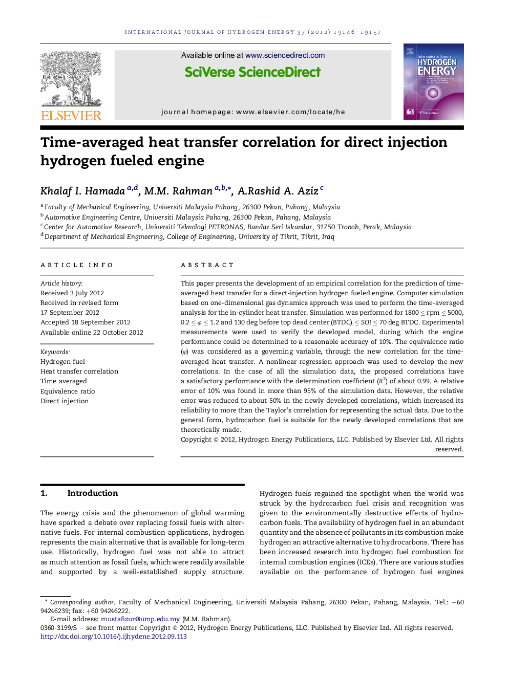 Time-averaged heat transfer correlation for direct injection hydrogen fueled engine