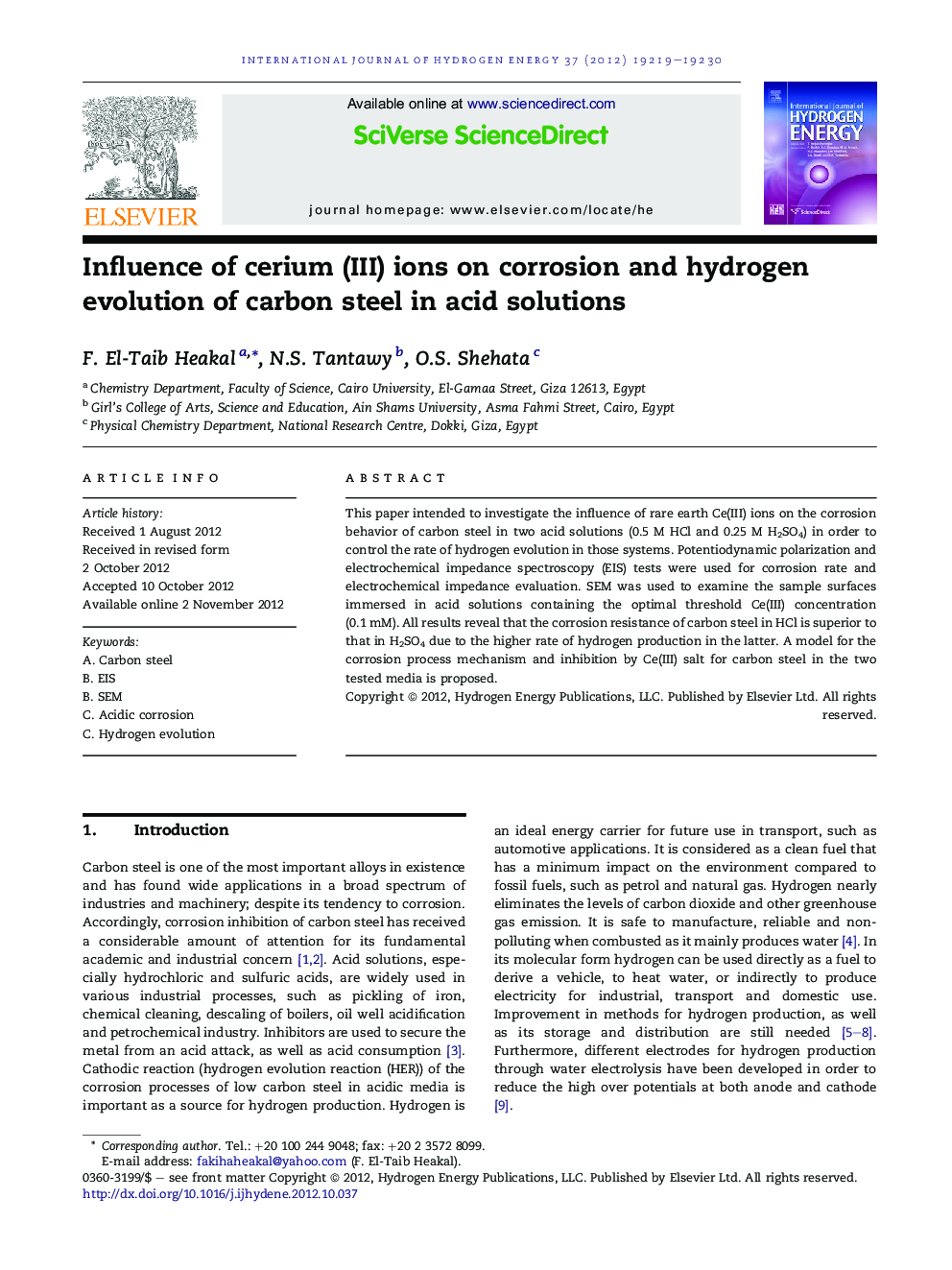 Influence of cerium (III) ions on corrosion and hydrogen evolution of carbon steel in acid solutions