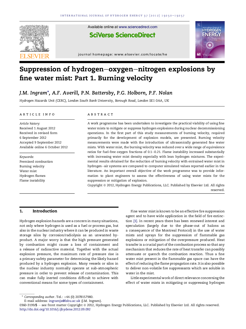 Suppression of hydrogen–oxygen–nitrogen explosions by fine water mist: Part 1. Burning velocity