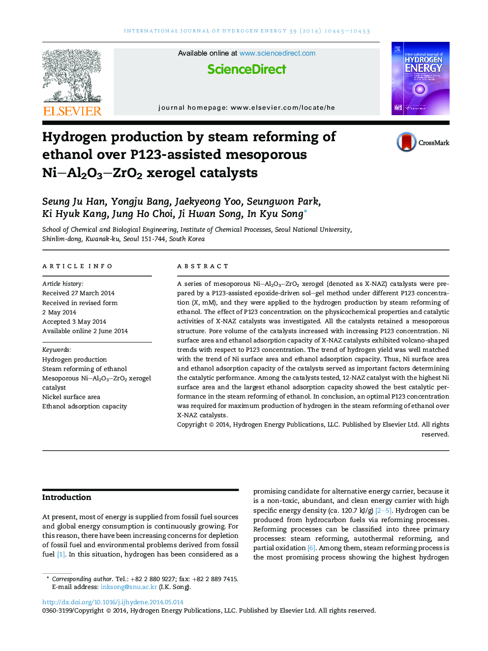 Hydrogen production by steam reforming of ethanol over P123-assisted mesoporous Ni–Al2O3–ZrO2 xerogel catalysts