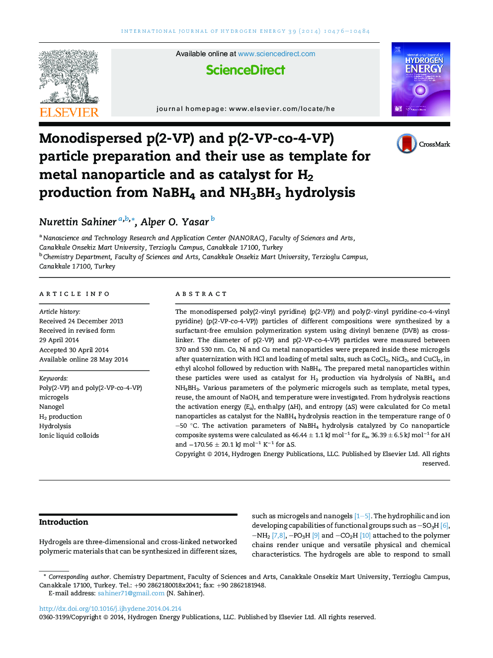 Monodispersed p(2-VP) and p(2-VP-co-4-VP) particle preparation and their use as template for metal nanoparticle and as catalyst for H2 production from NaBH4 and NH3BH3 hydrolysis