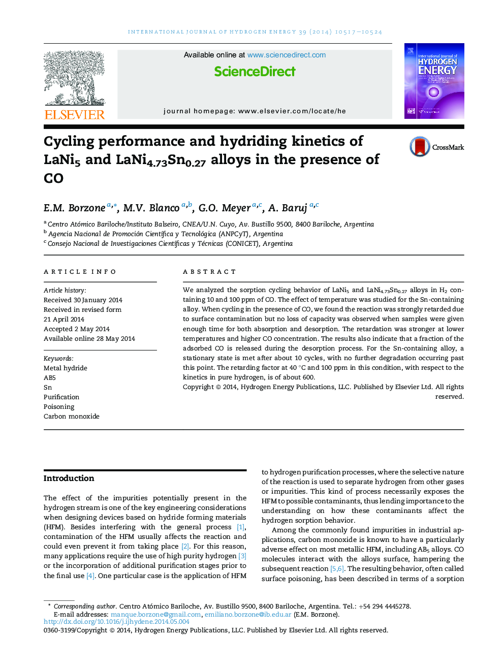 Cycling performance and hydriding kinetics of LaNi5 and LaNi4.73Sn0.27 alloys in the presence of CO