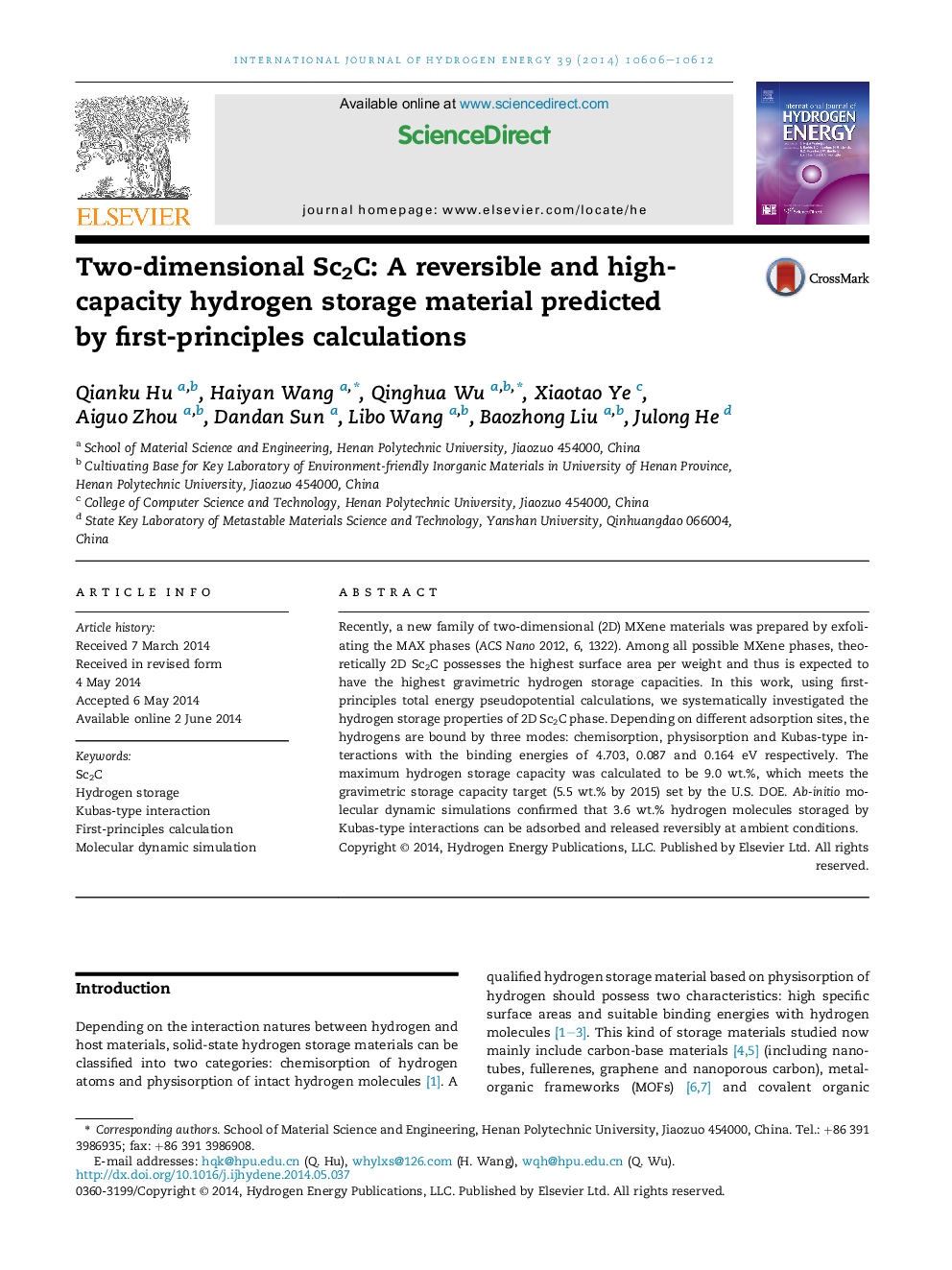 Two-dimensional Sc2C: A reversible and high-capacity hydrogen storage material predicted by first-principles calculations