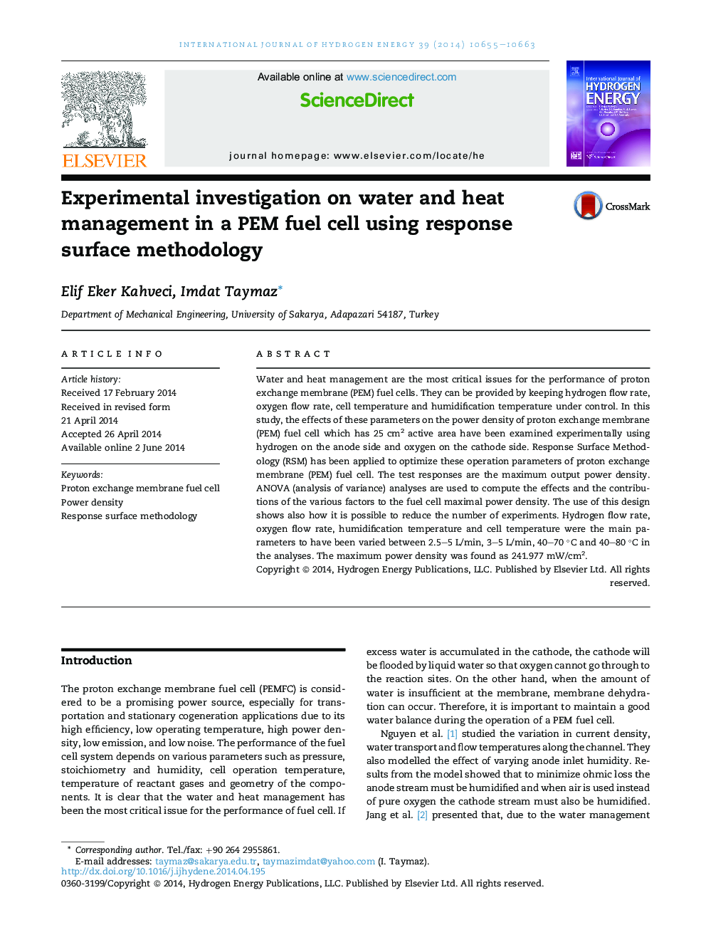 Experimental investigation on water and heat management in a PEM fuel cell using response surface methodology