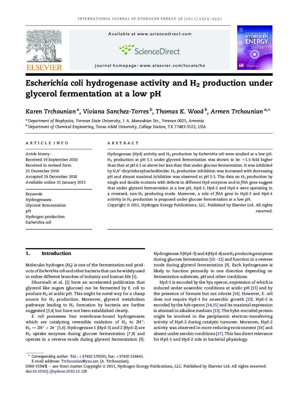 Escherichia coli hydrogenase activity and H2 production under glycerol fermentation at a low pH