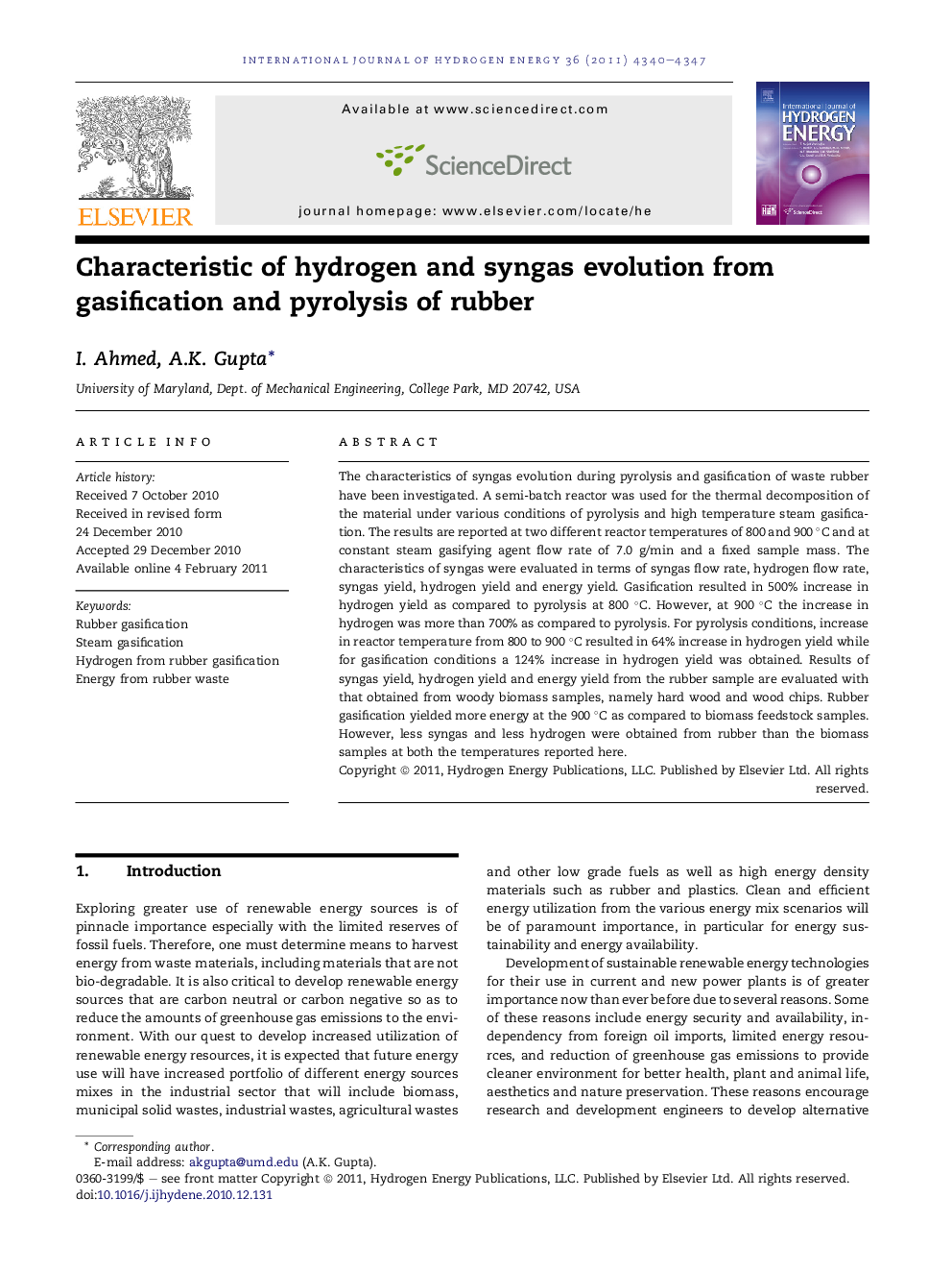 Characteristic of hydrogen and syngas evolution from gasification and pyrolysis of rubber