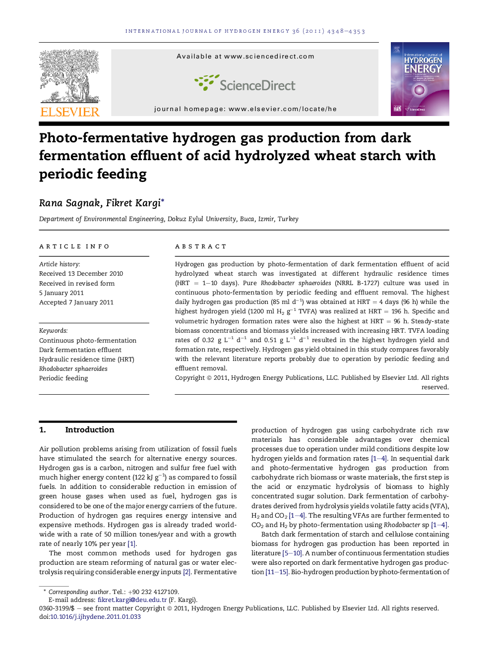 Photo-fermentative hydrogen gas production from dark fermentation effluent of acid hydrolyzed wheat starch with periodic feeding