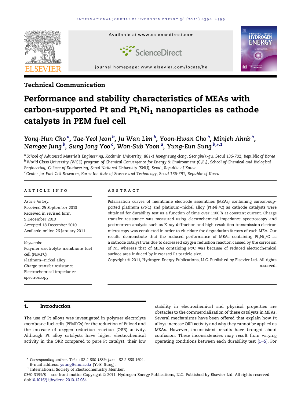 Performance and stability characteristics of MEAs with carbon-supported Pt and Pt1Ni1 nanoparticles as cathode catalysts in PEM fuel cell