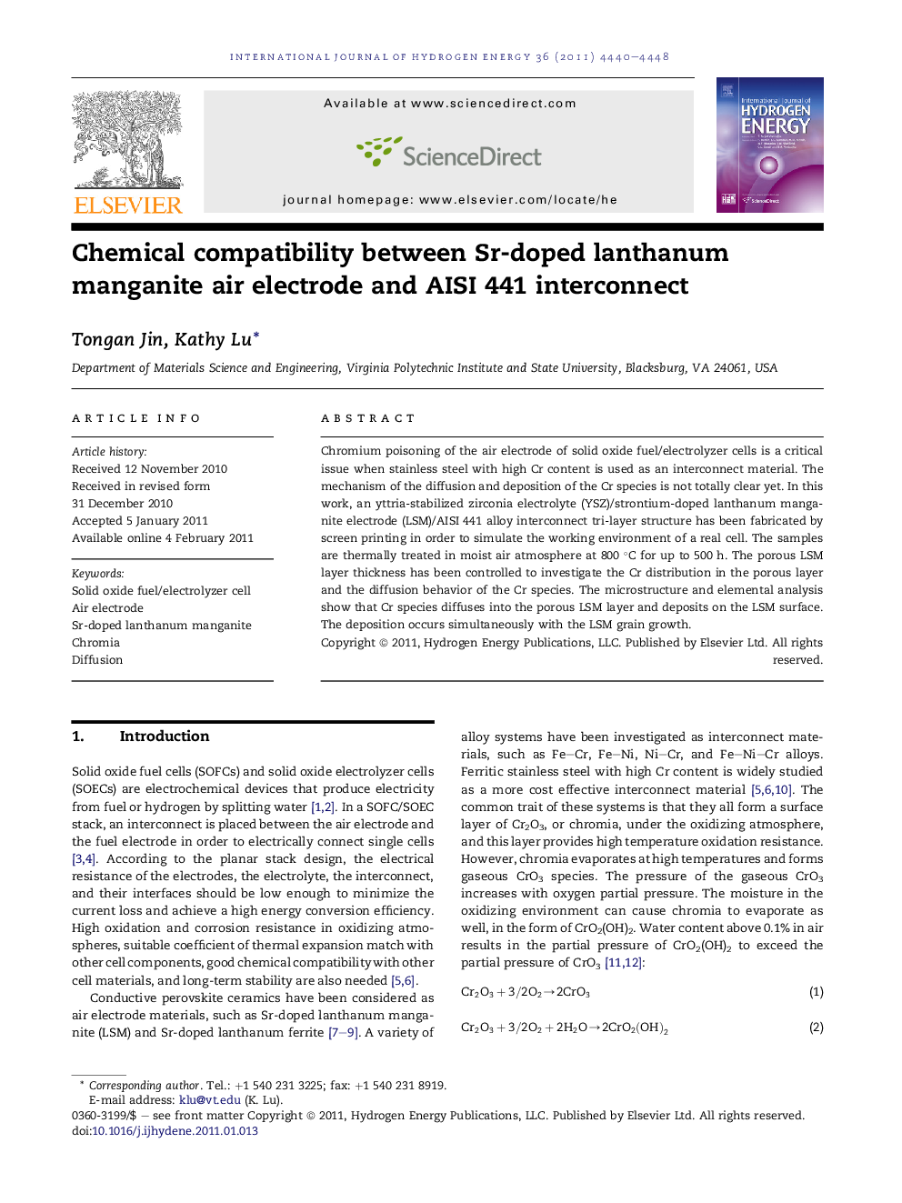 Chemical compatibility between Sr-doped lanthanum manganite air electrode and AISI 441 interconnect