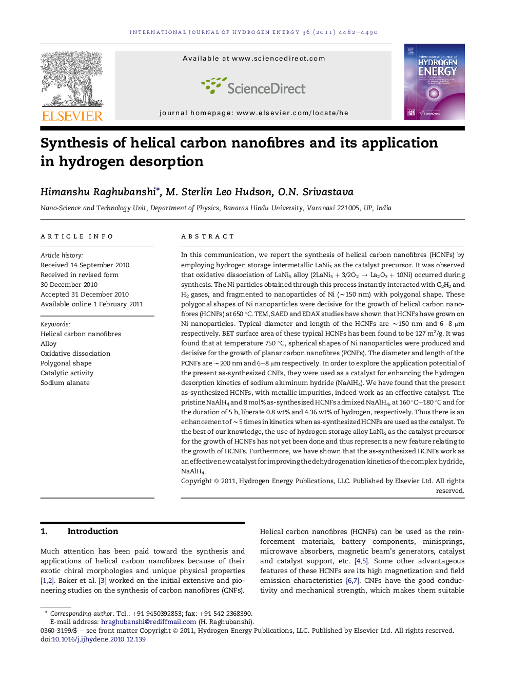 Synthesis of helical carbon nanofibres and its application in hydrogen desorption