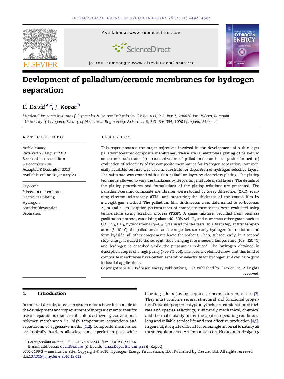 Devlopment of palladium/ceramic membranes for hydrogen separation