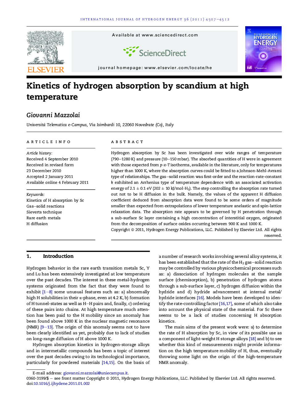 Kinetics of hydrogen absorption by scandium at high temperature