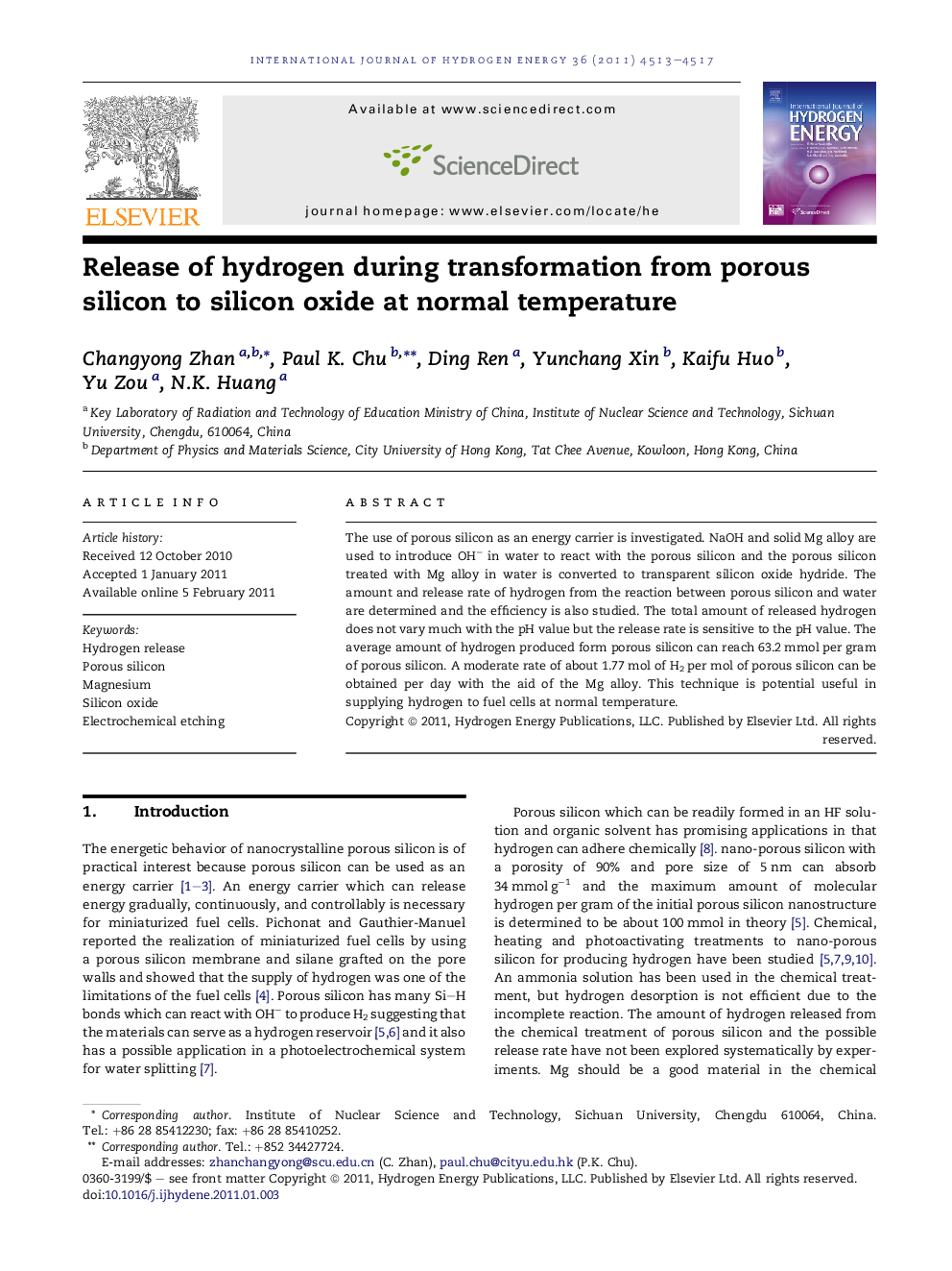 Release of hydrogen during transformation from porous silicon to silicon oxide at normal temperature