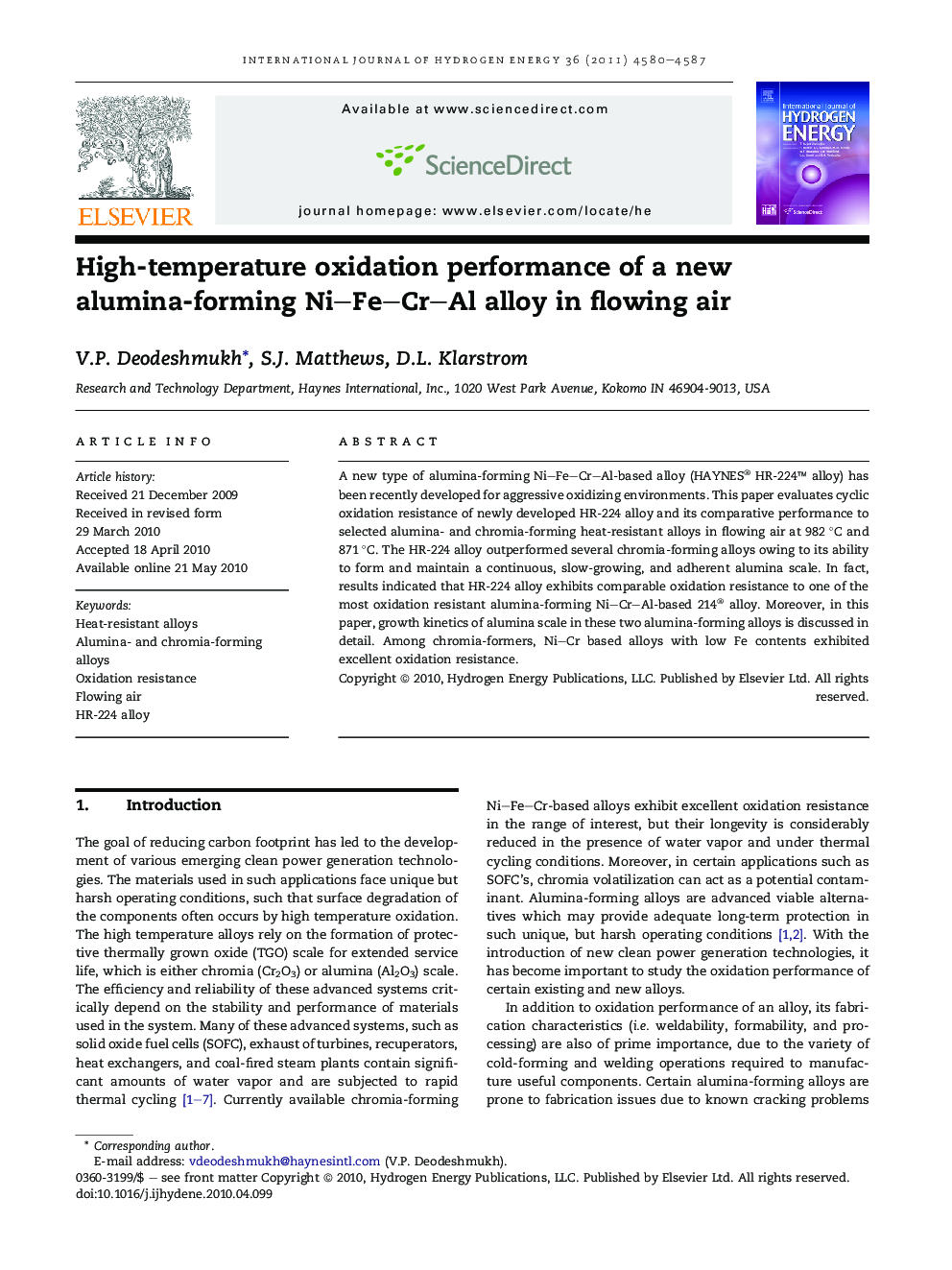 High-temperature oxidation performance of a new alumina-forming Ni–Fe–Cr–Al alloy in flowing air