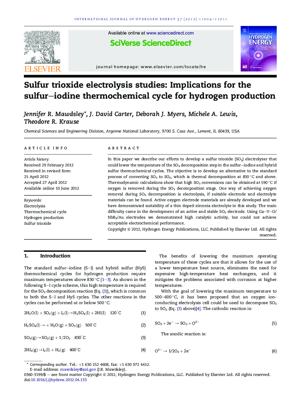 Sulfur trioxide electrolysis studies: Implications for the sulfur–iodine thermochemical cycle for hydrogen production