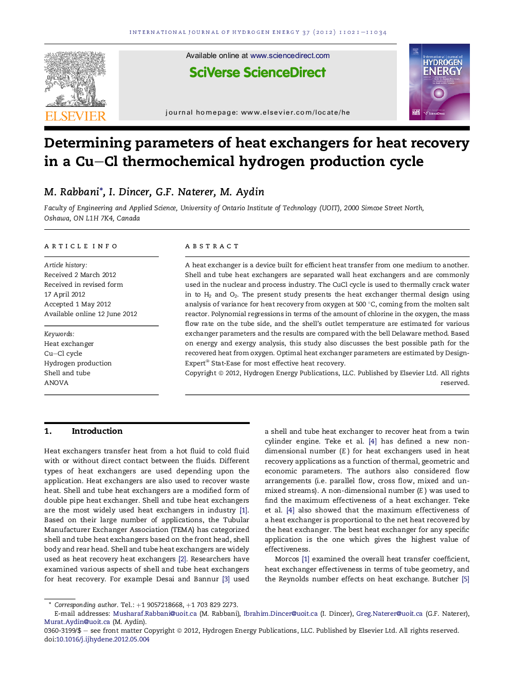 Determining parameters of heat exchangers for heat recovery in a Cu–Cl thermochemical hydrogen production cycle