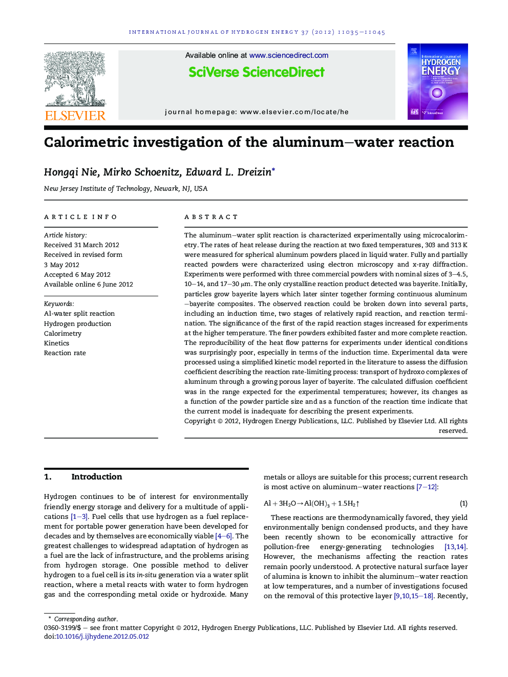 Calorimetric investigation of the aluminum–water reaction