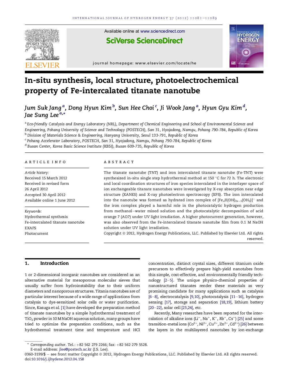 In-situ synthesis, local structure, photoelectrochemical property of Fe-intercalated titanate nanotube