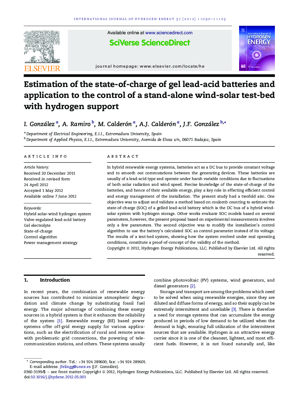 Estimation of the state-of-charge of gel lead-acid batteries and application to the control of a stand-alone wind-solar test-bed with hydrogen support