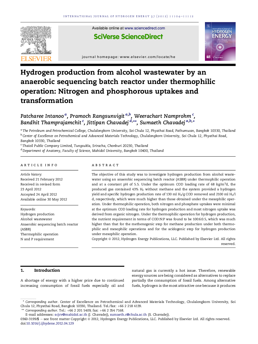 Hydrogen production from alcohol wastewater by an anaerobic sequencing batch reactor under thermophilic operation: Nitrogen and phosphorous uptakes and transformation