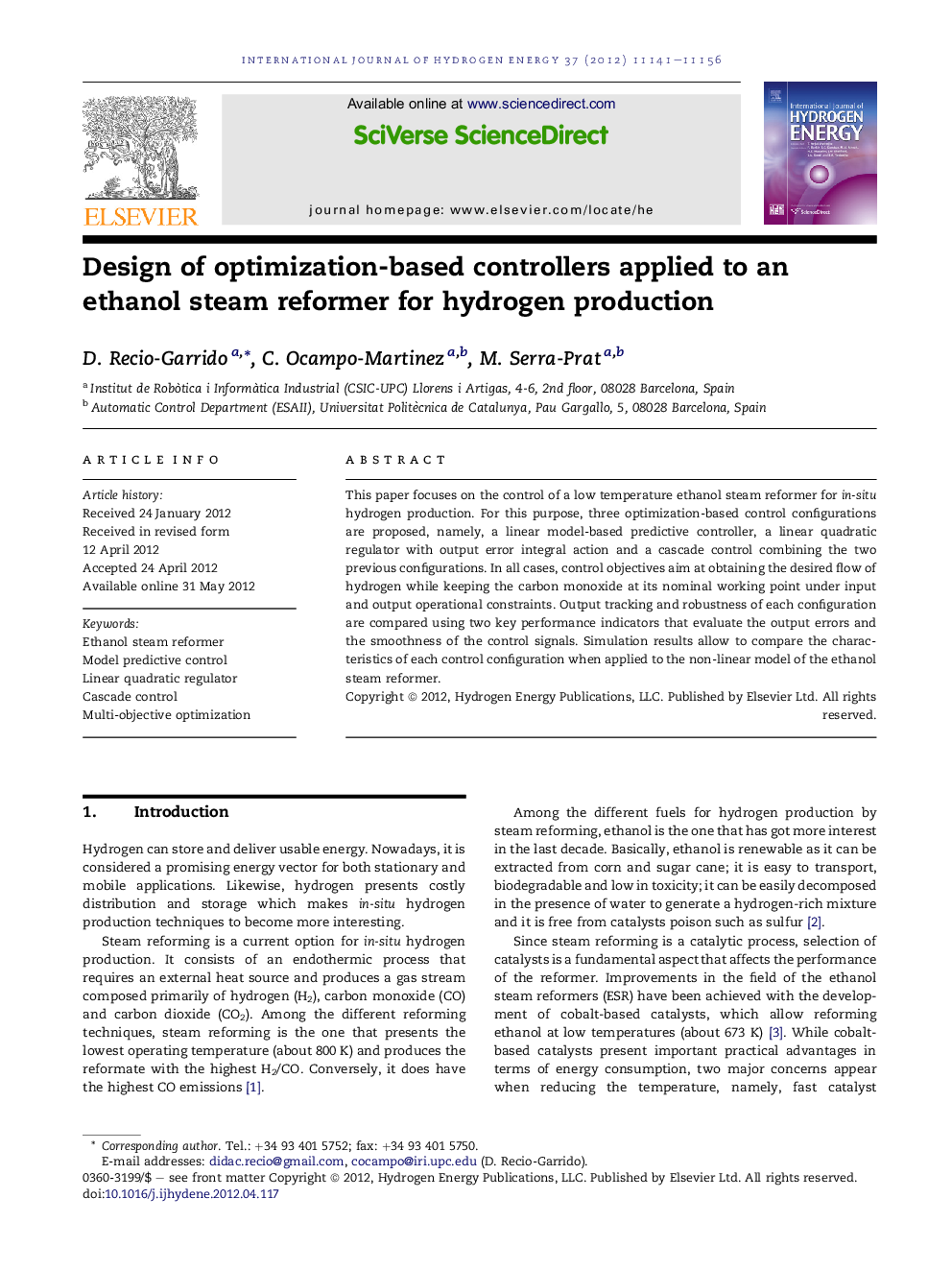 Design of optimization-based controllers applied to an ethanol steam reformer for hydrogen production