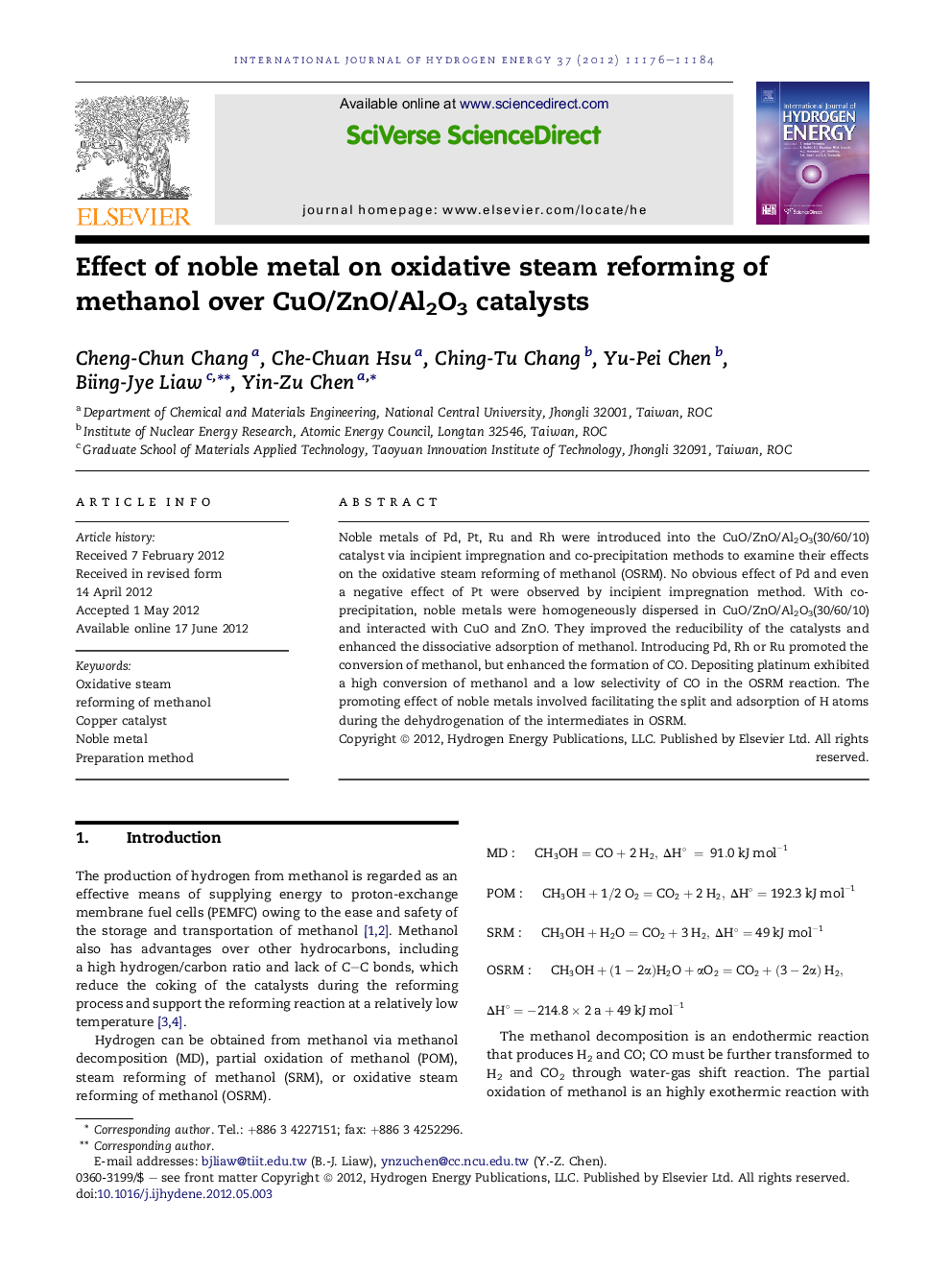 Effect of noble metal on oxidative steam reforming of methanol over CuO/ZnO/Al2O3 catalysts