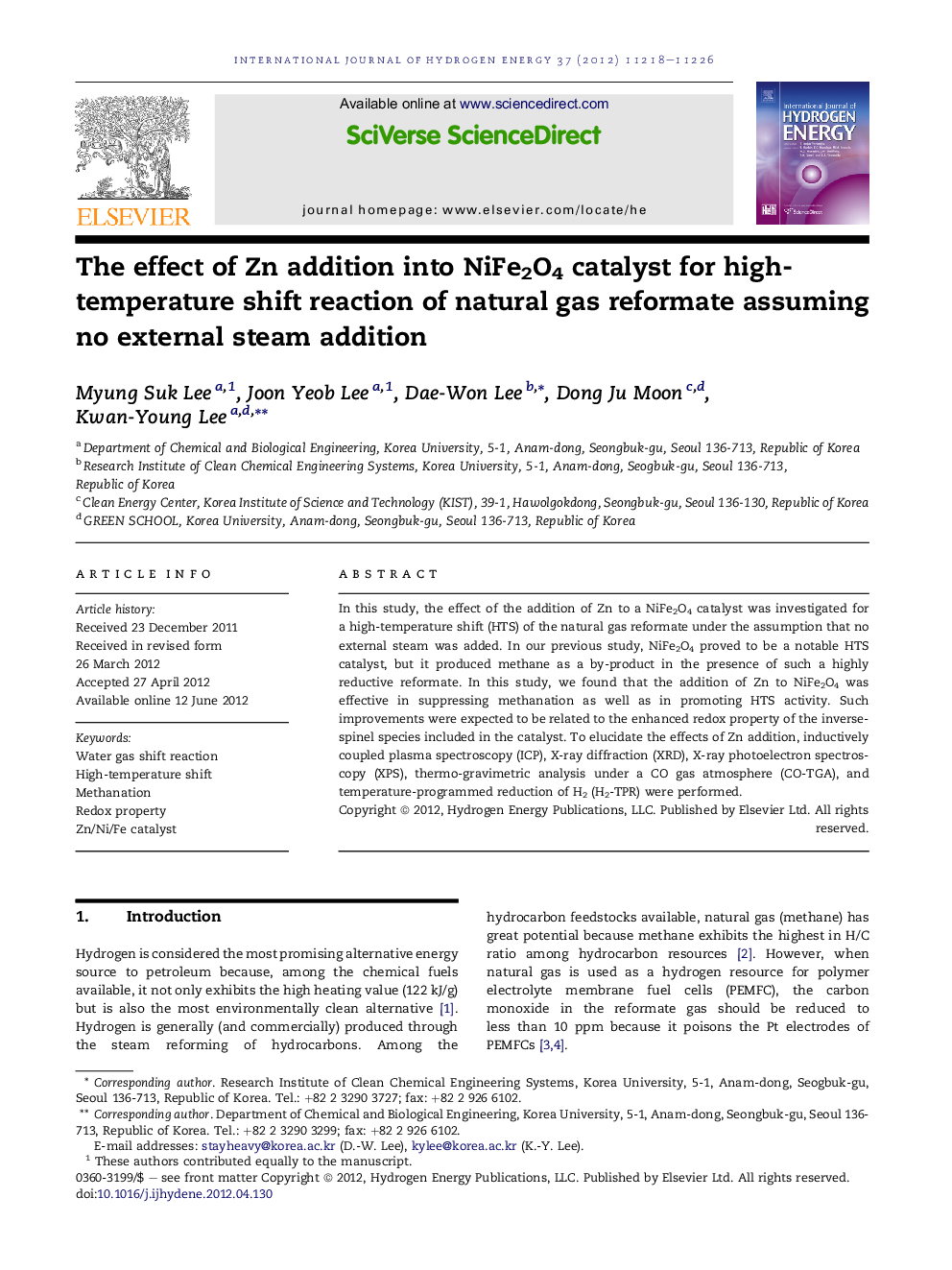 The effect of Zn addition into NiFe2O4 catalyst for high-temperature shift reaction of natural gas reformate assuming no external steam addition