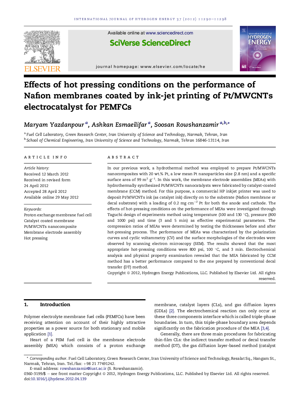 Effects of hot pressing conditions on the performance of Nafion membranes coated by ink-jet printing of Pt/MWCNTs electrocatalyst for PEMFCs