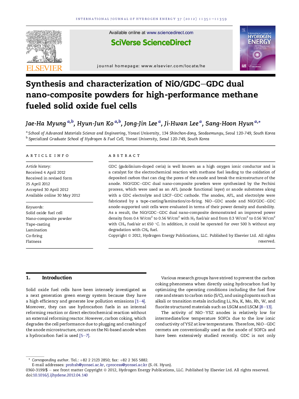 Synthesis and characterization of NiO/GDC–GDC dual nano-composite powders for high-performance methane fueled solid oxide fuel cells