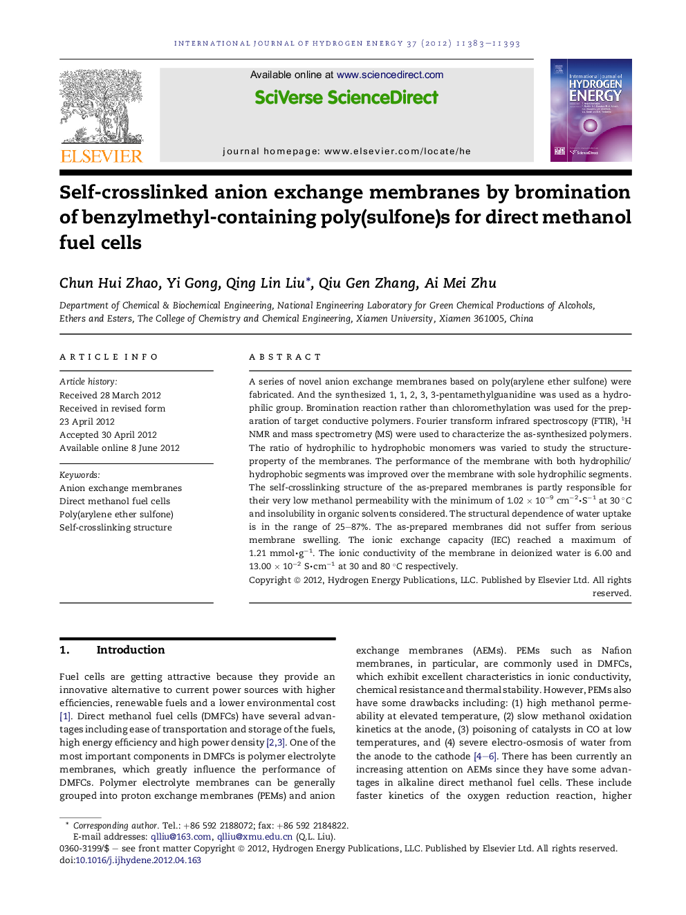 Self-crosslinked anion exchange membranes by bromination of benzylmethyl-containing poly(sulfone)s for direct methanol fuel cells