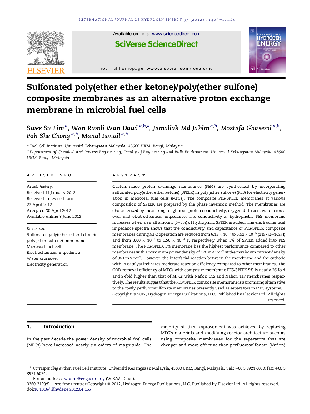 Sulfonated poly(ether ether ketone)/poly(ether sulfone) composite membranes as an alternative proton exchange membrane in microbial fuel cells