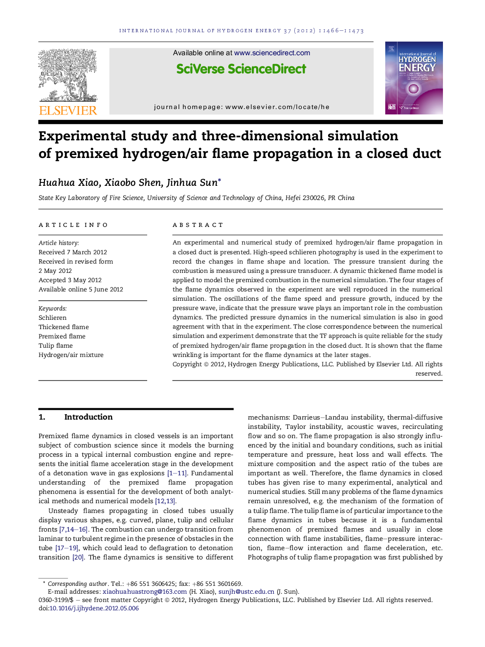 Experimental study and three-dimensional simulation of premixed hydrogen/air flame propagation in a closed duct