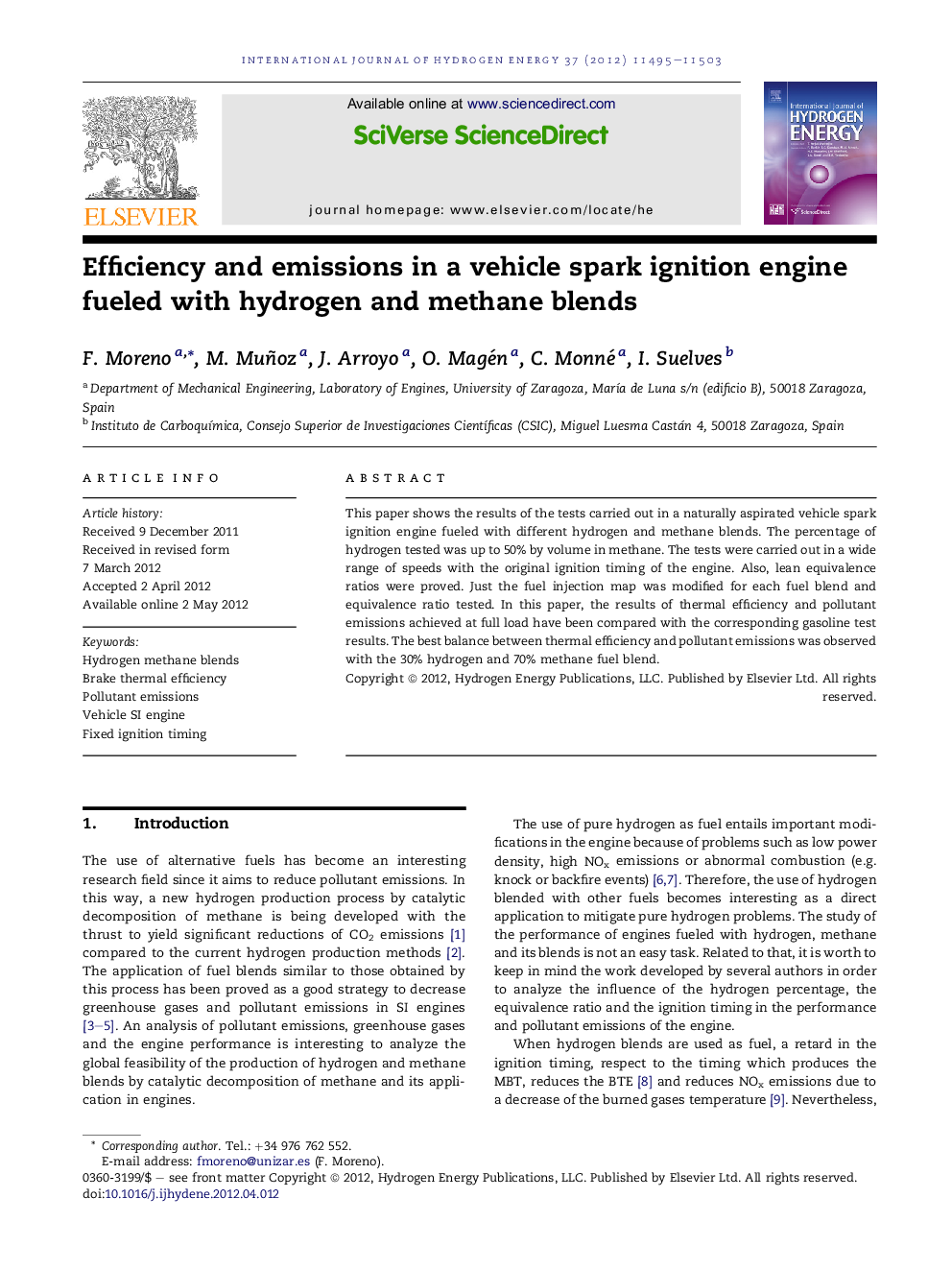 Efficiency and emissions in a vehicle spark ignition engine fueled with hydrogen and methane blends