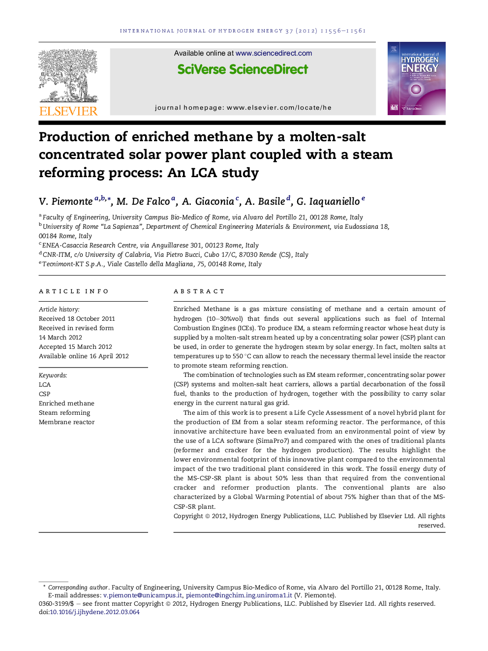 Production of enriched methane by a molten-salt concentrated solar power plant coupled with a steam reforming process: An LCA study